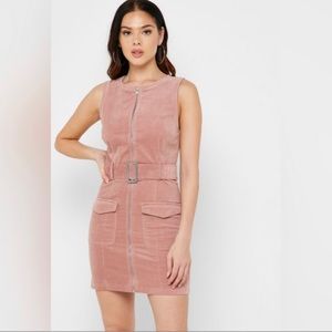 Forever21 Pink blush velvet 90s style zip up dress with waist belt size Small